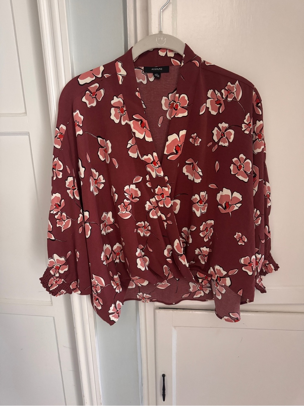 Alfani Floral Faux Wrap Blouse Burgundy Pink Smocked Cuff Top